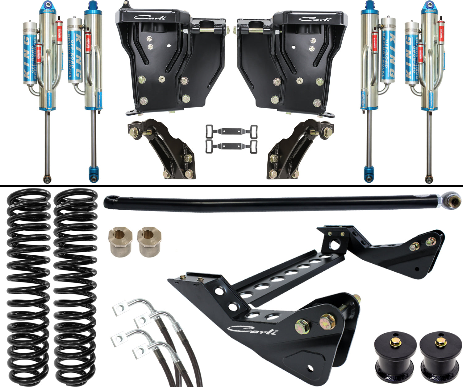 The 11-16 Ford F-250/F-350 (4WD) DIESEL 4.5" LIFT UNCHAINED SYSTEM by Carli Suspension features a comprehensive offroad performance suspension lift kit complete with shock absorbers, coil springs, brackets, and related components displayed on a white background. This premium kit offers enhanced wheel travel using top-quality metal parts and hardware.