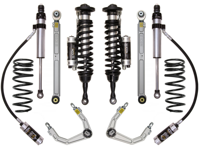 Image of the ICON 2008+ Toyota Land Cruiser 200 Series 1.5-3.5in Stage 5 Suspension System laid out, featuring coil springs, shock absorbers, control arms, and connecting rods from ICON. The components are symmetrically organized on a white background, perfect for boosting your off-road vehicle's performance.