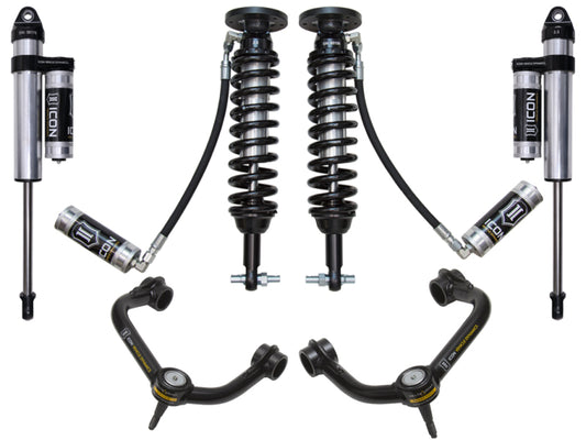 The ICON 2015+ Ford F-150 2WD 1.75-3in Stage 4 Suspension System w/Tubular Uca is showcased on a white background, emphasizing two coilover shocks, two remote reservoirs, and upper control arms featuring the advanced Delta Joint. The black components prominently display ICON branding and coiled springs, ensuring durability with exceptional corrosion resistance.