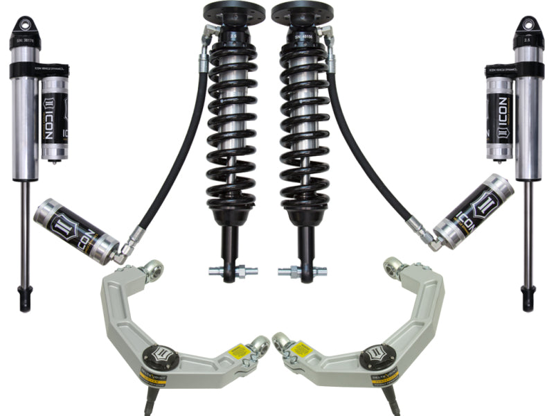 A suspension system set from ICON, named the 2015+ Ford F-150 2WD 1.75-3in Stage 4, includes symmetrically arranged coil-over struts with springs, remote reservoirs, and billet upper control arms against a white background.