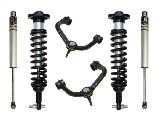 A collection of suspension components for the 2014 Ford F-150 2WD, encompassing two coilover shocks, two traditional shocks, and two corrosion-resistant tubular upper control arms. Each piece prominently displays the "ICON" brand name. The components are symmetrically arranged against a white backdrop.