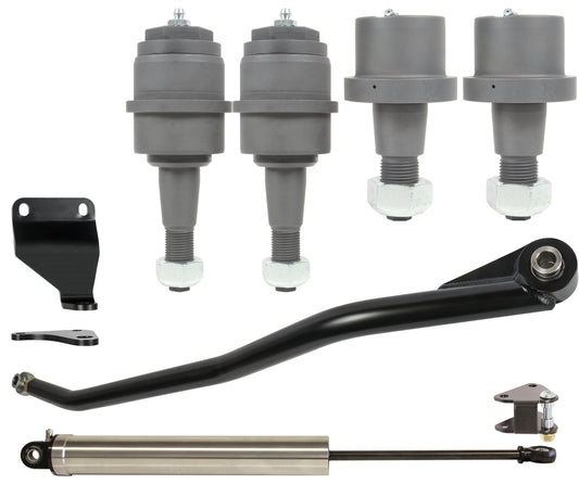 A set of suspension components from Carli Suspension, the 13-23 RAM 2500/3500 (4X4) Front End Upgrade Kit, perfect for a Ram 2500/3500, includes four ball joints, a steering stabilizer, a sway bar link, and other small metal brackets displayed on a pristine white background.