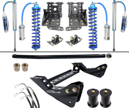 The 08-10 Ford F-250/F-350 (4WD) DIESEL 4.5" Lift Coilover System by Carli Suspension includes blue coilovers, black brackets, and essential mounting hardware. Set against a white background, it perfectly represents precision designed for enhanced performance shocks.