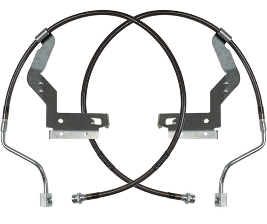 The 17-23 Ford F-250/F-350 (4WD) Extended Front Brakeline Kit by Carli Suspension includes a pair of braided brake lines with attached metal mounting brackets symmetrically forming a loop. The brackets are positioned above the product image, and metal fittings extend from the ends.