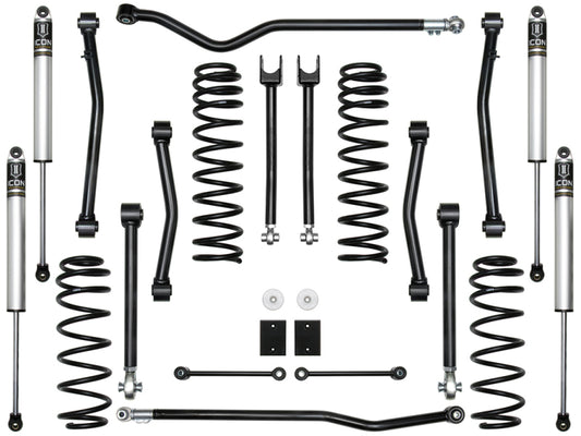 Introducing the ICON 2018+ Jeep Wrangler JL 2.5in Stage 4 Suspension System, a premium collection of black and silver components featuring Holistic Engineering. This set includes coil springs, shock absorbers, control arms, and connecting rods designed to deliver a seamless performance upgrade. All elements are meticulously displayed on a pristine white background.