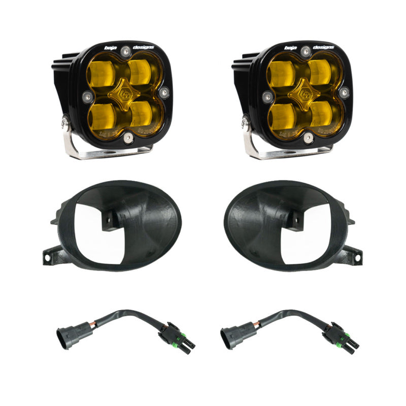 Upgrade your Mercedes Benz Sprinter with the Baja Designs 19-22 Squadron SAE Fog Pocket Light Kit - Amber. This kit includes two amber four-lens LED lights, two black mounting brackets, and two electrical connectors, ideal for improving visibility in challenging conditions.