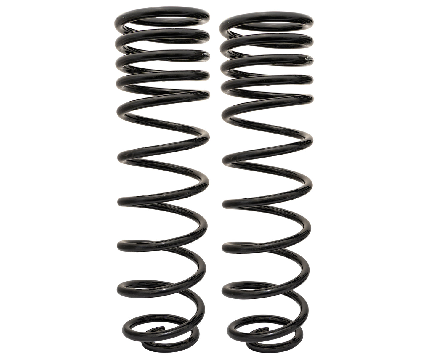 Two black coil springs stand upright side by side against a white backdrop. These Carli Suspension 19-23 Ram 1500 (4WD - Coil/Coil) REBEL 0.5" Lift Rear Multi Rate Coil Springs are identical in shape and size, with evenly spaced coils, showcasing the precision Carli Suspension is known for.