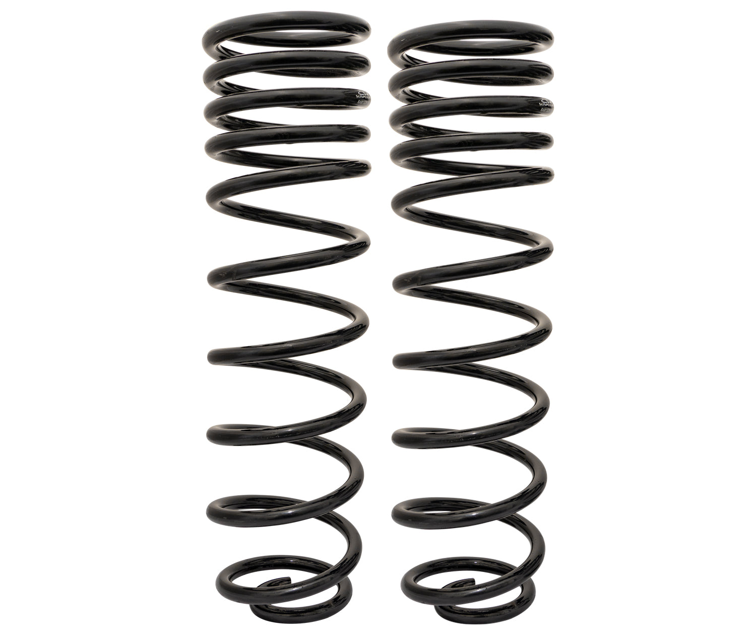 Two black coil springs stand upright side by side against a white backdrop. These Carli Suspension 19-23 Ram 1500 (4WD - Coil/Coil) REBEL 0.5" Lift Rear Multi Rate Coil Springs are identical in shape and size, with evenly spaced coils, showcasing the precision Carli Suspension is known for.