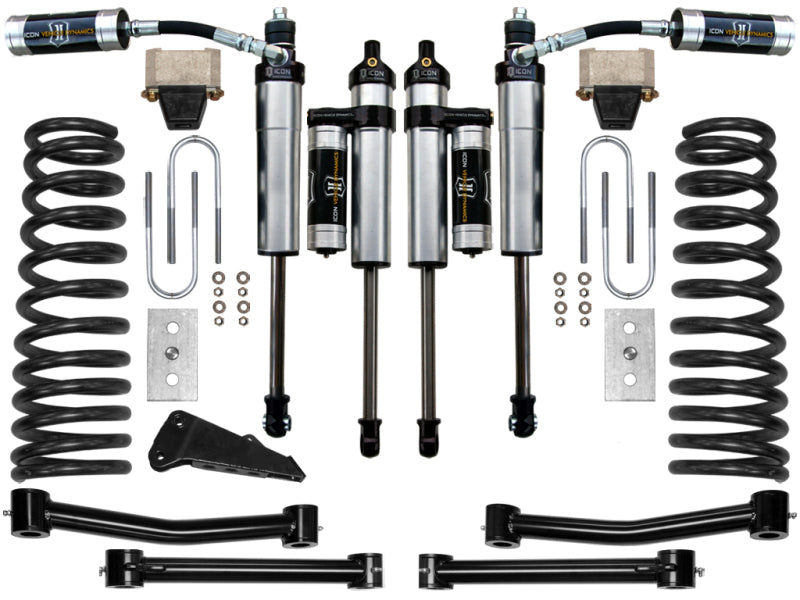 An ICON 03-08 Ram 2500/3500 4.5in Stage 3 Suspension System kit, showcasing ICON Aluminum Series shocks, coil springs, billet link arms, control arms, brackets, bolts, and other components arranged on a white background.