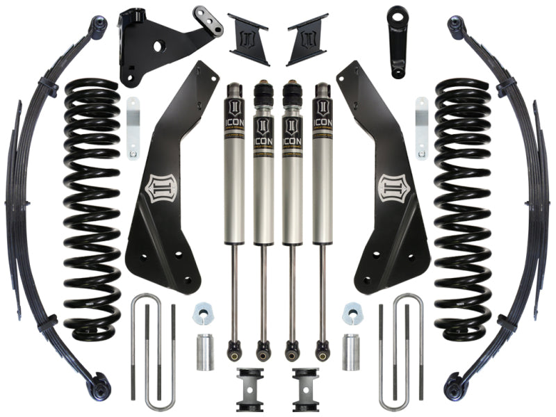 An ICON 11-16 Ford F-250/F-350 7" Stage 2 Suspension System, featuring performance suspension components like coil springs, shock absorbers, and various mounting brackets from the brand ICON, arranged symmetrically on a white background.