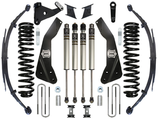 An ICON 11-16 Ford F-250/F-350 7" Stage 2 Suspension System, featuring performance suspension components like coil springs, shock absorbers, and various mounting brackets from the brand ICON, arranged symmetrically on a white background.