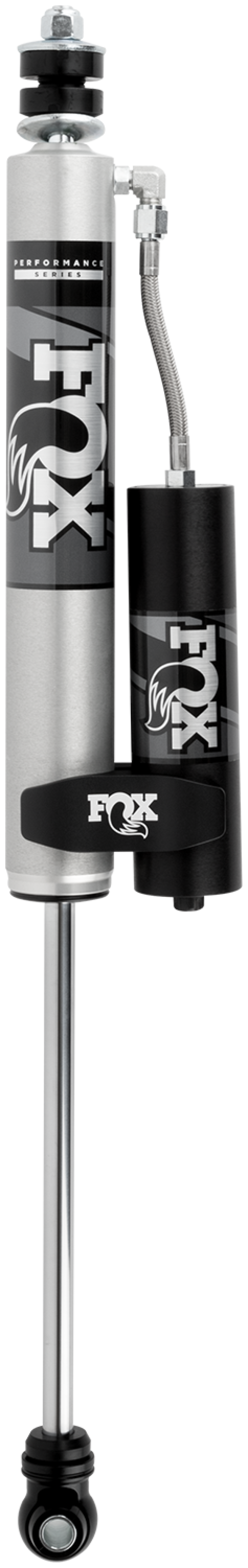 The Fox 05-19 Ford F250/F350 2.0 Performance Series 11in Smooth Body IFP Front Shock, by FOX, is a silver and black shock absorber with the "FOX" logo, featuring hydraulic details for off-road use and a robust design perfect for high-performance vehicles with a 5.5-7in lift.