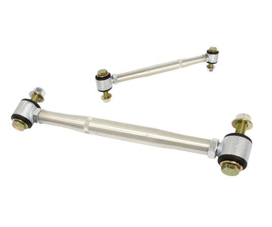 Two Carli Suspension 14-23 Ram 2500 (4WD - Coil/Air) extended rear sway bar end links are displayed against a plain white background. These metallic components feature cylindrical bodies with threaded bolts on each end for easy connection to car suspension systems. The links have a shiny finish that reflects light beautifully.