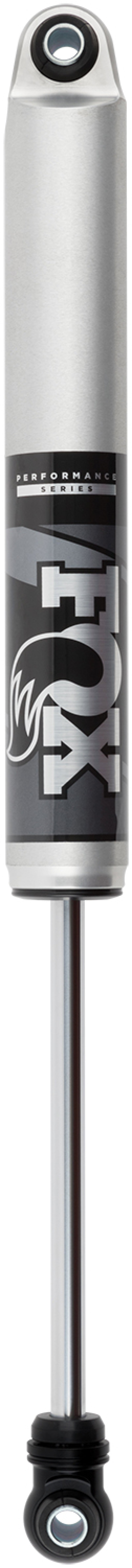 The Fox 19+ GM 1500 2.0 Performance Series 4.9in. IFP Coilover Shock for Rear, designed by FOX, features a sleek cylindrical design with a silver, black, and gray color scheme complemented by prominent white branding along the side. Engineered for fade-resistant performance, it is ideal for off-road enthusiasts who seek superior durability and control with a 0-2in lift capability.