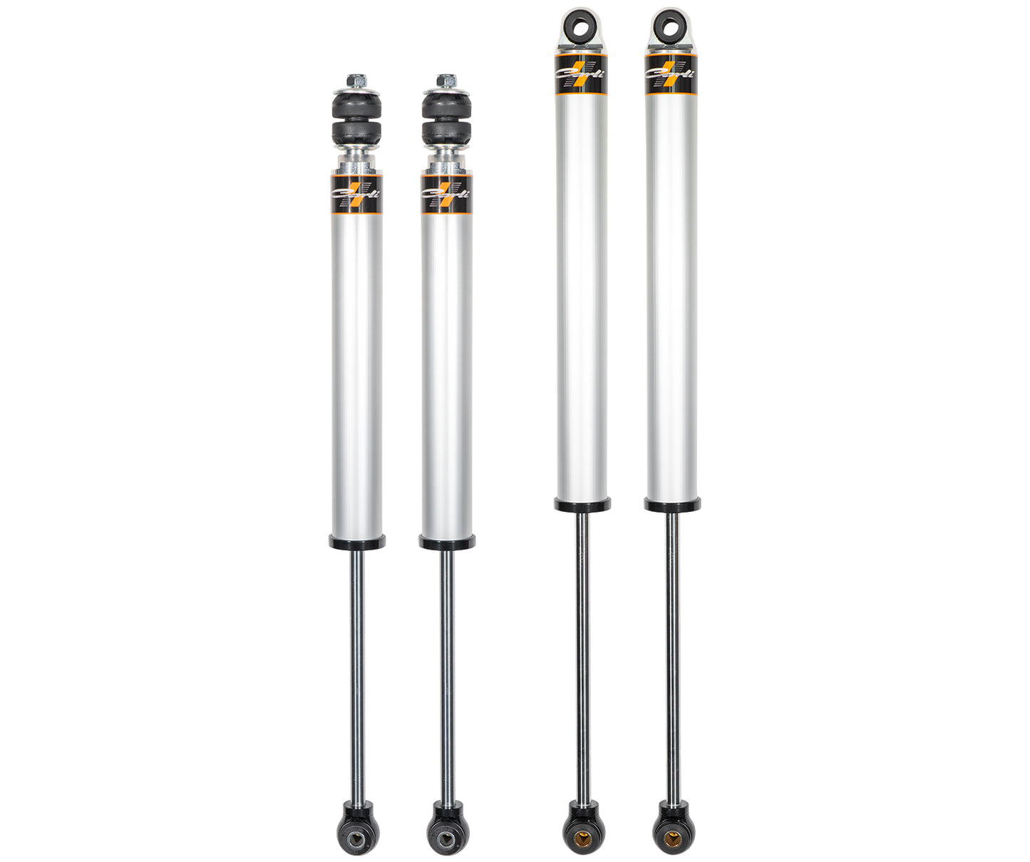 The 11-23 Ford F-250/F-350 (4WD) Gas Carli-Spec 2.0" IFP 2.5" Lift Shock Set from Carli Suspension includes four silver and black shock absorbers arranged upright, two on each side. Each shock absorber features a logo with orange and black accents at the top, and they are specifically designed for Ford F250/350 vehicle suspension systems.