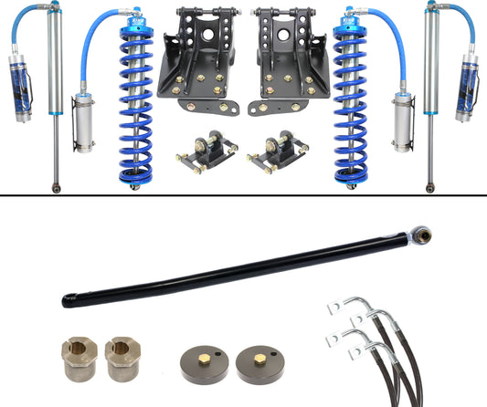 Introducing the 11-16 Ford F-250/F-350 (4WD) DIESEL 2.5" Lift Coilover System by Carli Suspension, a collection of off-road vehicle suspension parts featuring Remote Reservoir Shocks with blue springs, brackets, a long black rod, metal components, and cables. The parts are showcased on a white background.