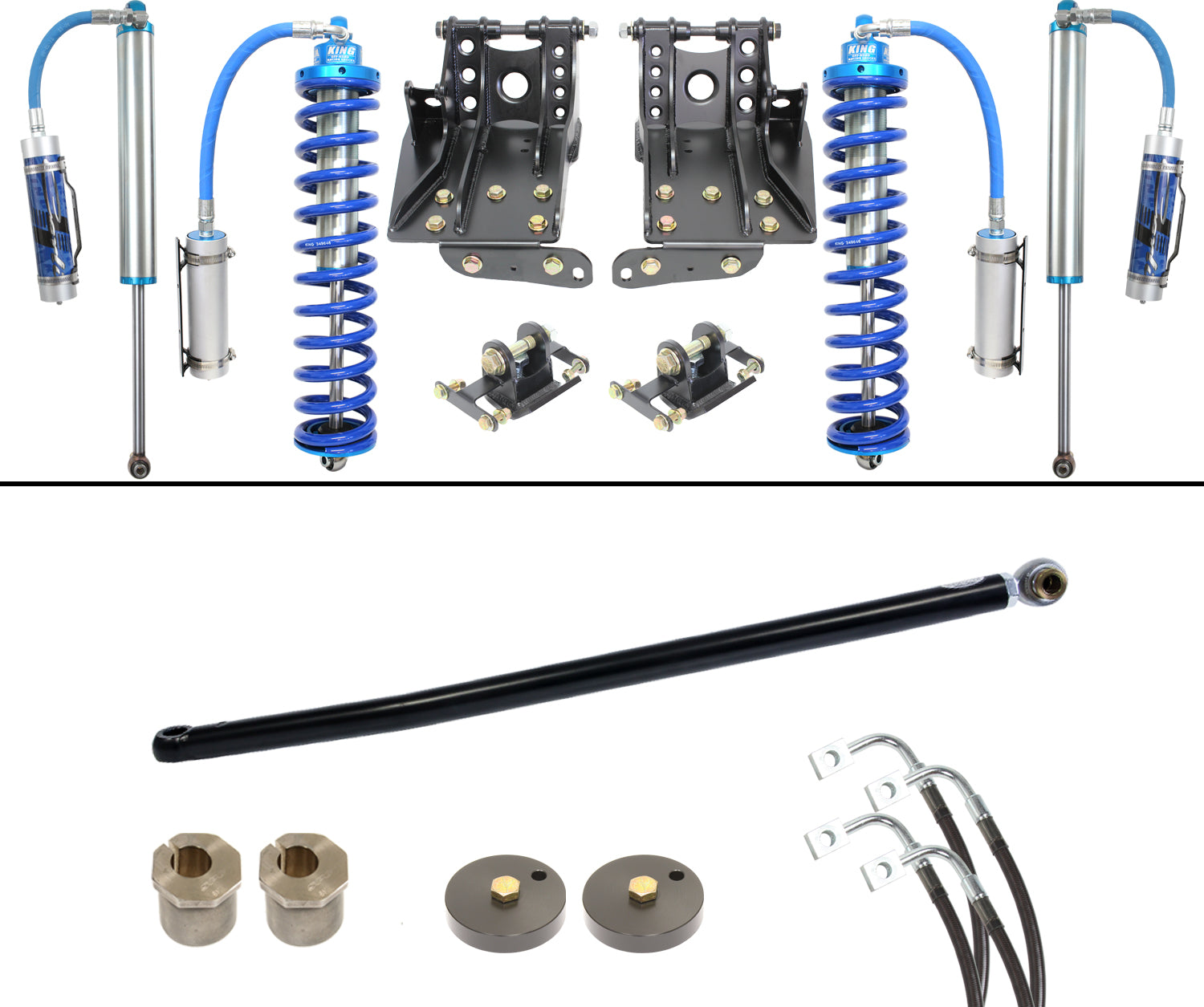 This is a Carli Suspension 08-10 Ford F-250/F-350 (4WD) DIESEL 2.5" Lift Coilover System, showcasing off-road vehicle suspension components like blue coilover shocks and reservoirs, black mounting brackets, a control arm, assorted metal fittings, and hardware, all beautifully organized on a white background.