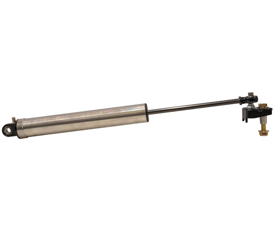 The Carli Suspension 17-23 Ford F-250/F-350 (4WD) High Mount Steering Stabilizer in stainless steel, designed for vehicles with a 2.5" and 4.5" lift, features a metallic linear actuator with a cylinder and long rod attached to a mounting bracket, making it perfect for mechanical control or automation purposes by enhancing vehicle stability.