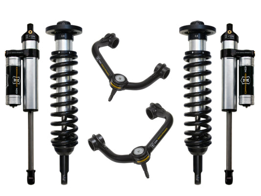 ICON 09-13 Ford F-150 4WD Stage 3 Suspension System, featuring two coilover shocks, two remote reservoirs, and two corrosion-resistant tubular upper control arms with Delta Joints and bushings from ICON brand, all displayed against a white background.