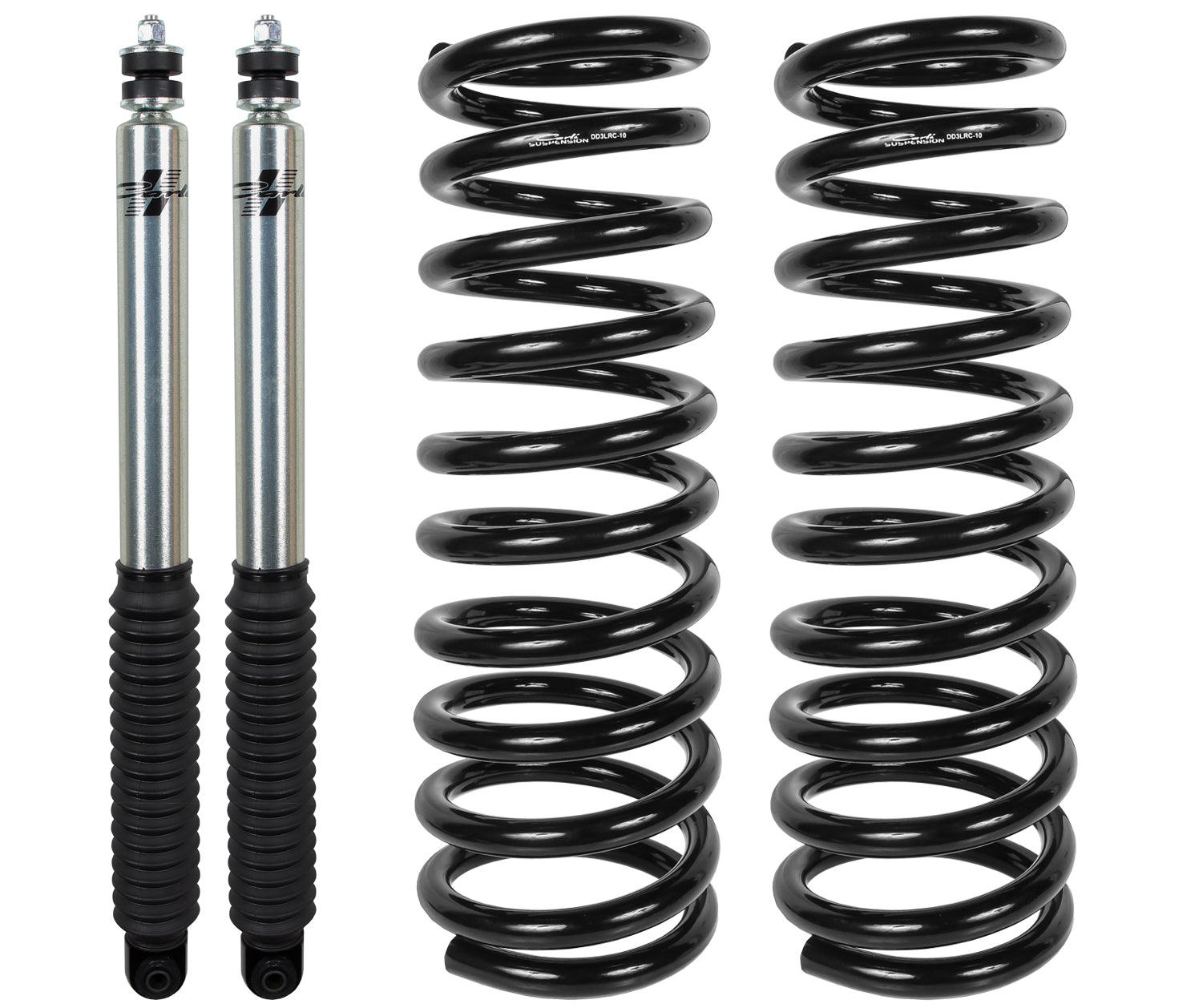 On the left, featuring the Carli Suspension 10-13 Dodge, Ram 2500/3500 (4WD) DIESEL 3" LIFT LEVELING SYSTEM, are two silver shock absorbers with black rubber boots, while on the right are three black coil springs. This setup highlights a high-performance suspension lift kit against a pristine white background.