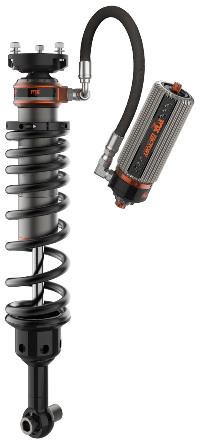 Introducing the FOX 2021+ Ford Bronco Rear 3-3.5in Lift (Base Models) car shock absorber, a high-performance product featuring a black coil spring accented in orange, complete with an attached cylindrical reservoir that allows for Dual Speed Compression adjustment. Its sleek design prioritizes durability and advanced engineering by incorporating internal bypass technology to enhance performance across various ride zones.