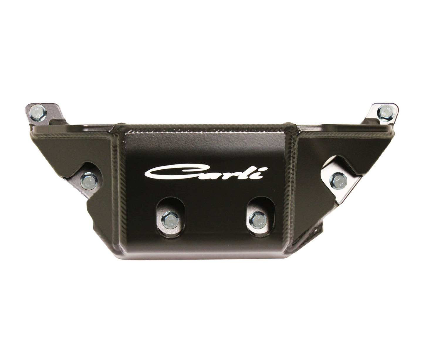 Close-up of a black automotive suspension component with a glossy finish and the word "Corki" printed in white, resembling the Carli Suspension 13-23 RAM 2500/3500 (4WD) Front Differential Guard. The part, designed for off-road protection, features multiple bolt holes and metallic edges.