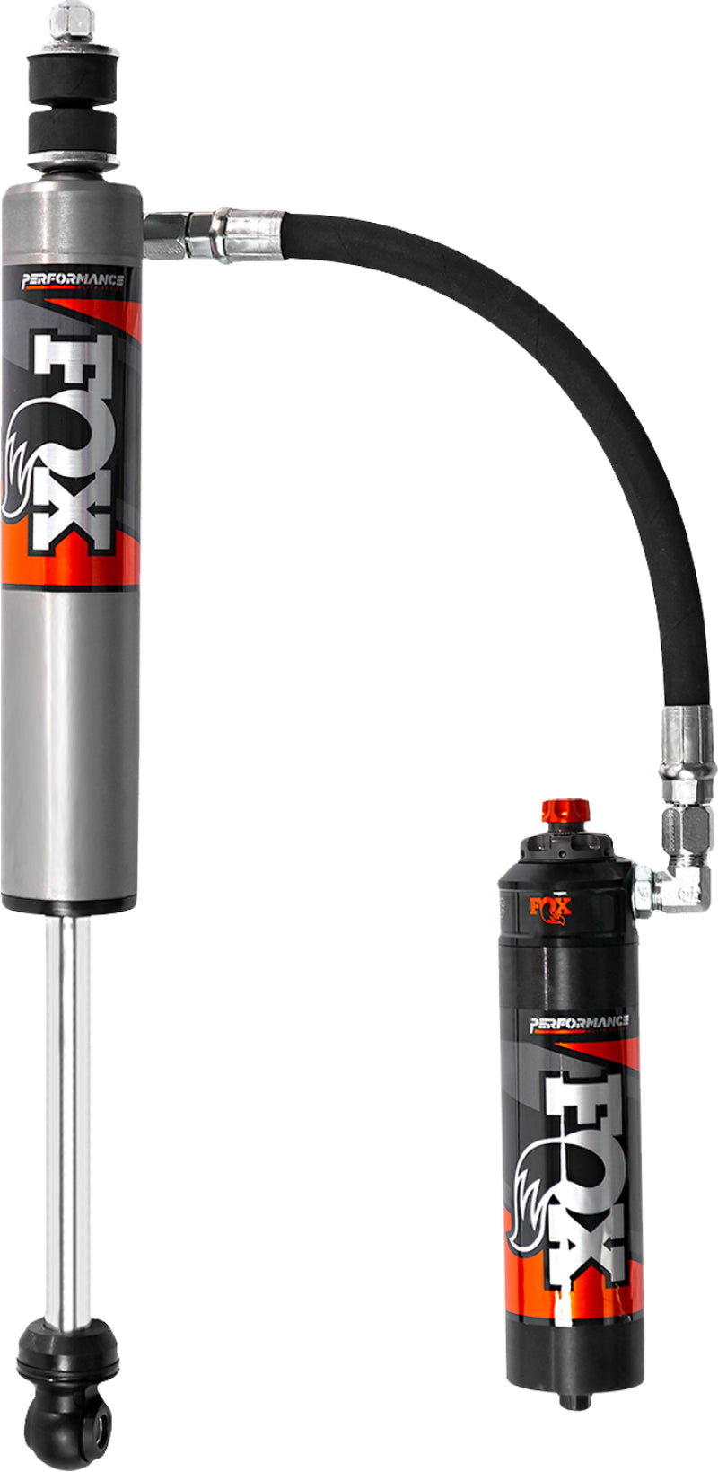 A close-up of the FOX Performance Elite 2.5 Series suspension system designed for Toyota 4Runner and FJ Cruiser showcases a silver shock absorber and black hose connected to the red and black reservoir. The FOX logo, "X2," and Dual Speed Compression technology are prominently displayed on both components, making it ideal for shocks on these vehicles with a rear lift of 0-1.5 inches.