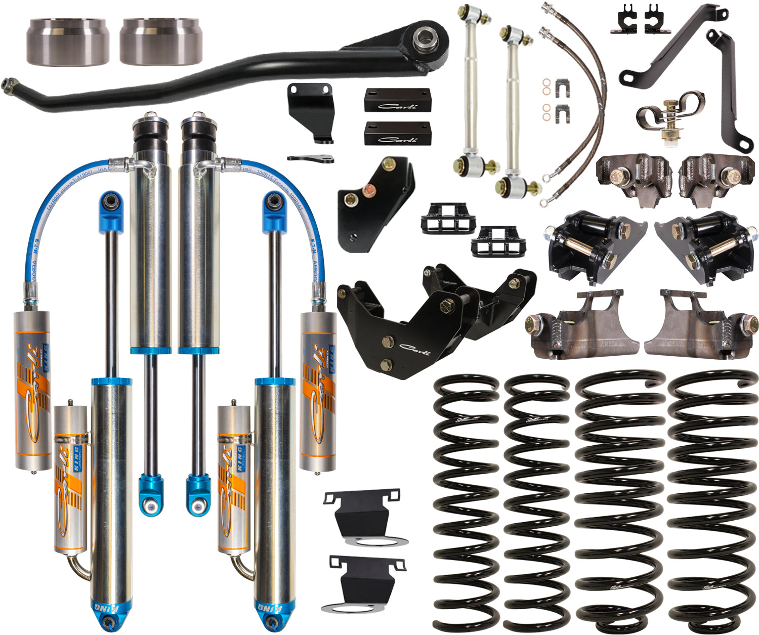 The Carli Suspension 14-23 Ram 2500 (4WD - Coil/Coil) Diesel 3.25" Lift Dominator System showcases a meticulously arranged collection of suspension components, including Dominator 3.0 coil springs, Carli King shocks with blue hoses, mounting brackets, small metal elements, and various hardware against a white background.