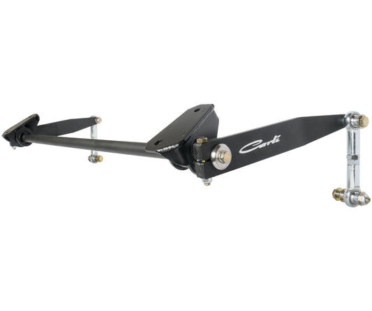 An adjustable suspension control arm in black, designed for a Dodge Ram and featuring metallic joints along with a branded logo. This extended arm highlights its pivot points and connection areas, delivering precision akin to the Carli Suspension 13-23 RAM 2500/3500 (4WD) Torsion Sway Bar for vehicles with a 3" lift.