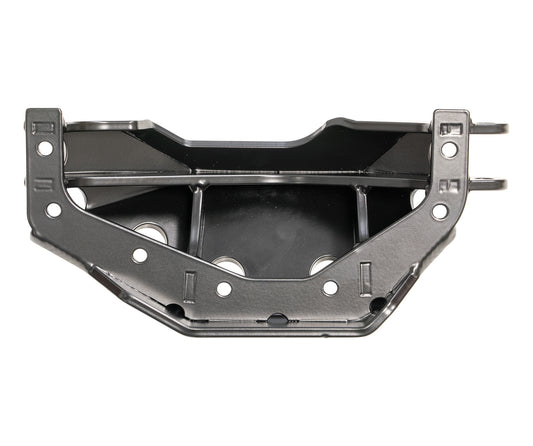 The Carli Suspension 23+ Ford F-250/F-350 (4WD) Front Differential Guard is a metal engine bracket designed specifically for the Ford F250/F350. It features a rectangular shape with reinforced edges, multiple holes, and mounting points. This sleek black-finished guard provides enhanced protection for the front differential in automotive applications.