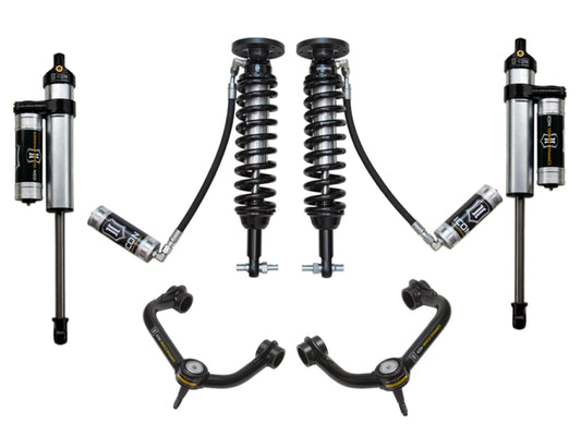 The ICON 2014 Ford F-150 4WD 1.75-2.63in Stage 4 Suspension System with Tubular UCA includes two corrosion-resistant coilover shock absorbers with attached canisters and two upper control arms. These components are evenly arranged on a plain white background, highlighting their sleek design and durability.