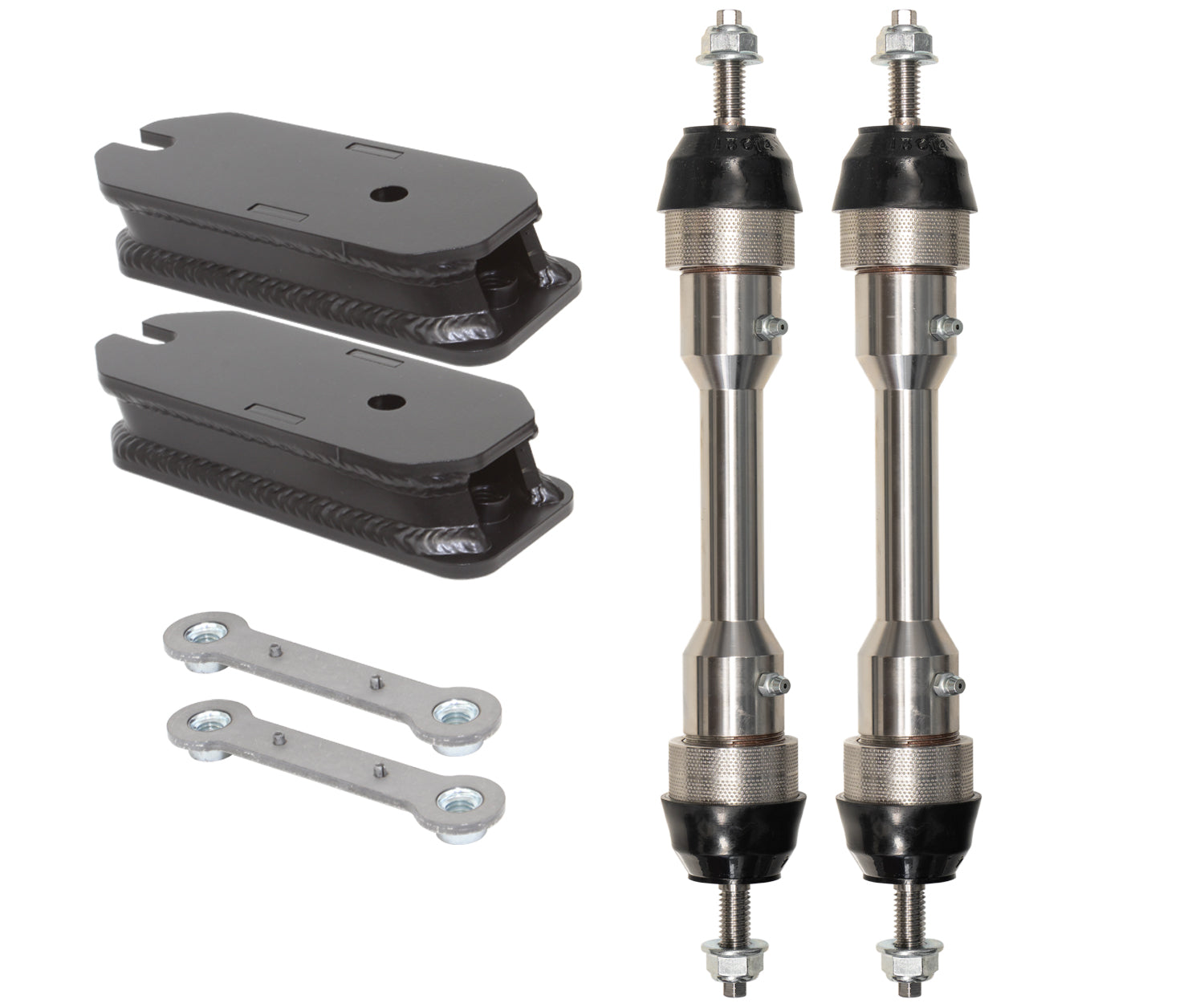 Image showcasing the 17-23 Ford F-250/F-350 (4WD) Extended Sway Bar End Link & Sway Bar Drop Bracket Kit - 4.5"/5.5" by Carli Suspension, featuring metal rods with rubber ends, two black mounting brackets, and two small metal connecting plates with bolts. Perfect for optimizing Ford Super Duty performance through precision-engineered drop brackets.