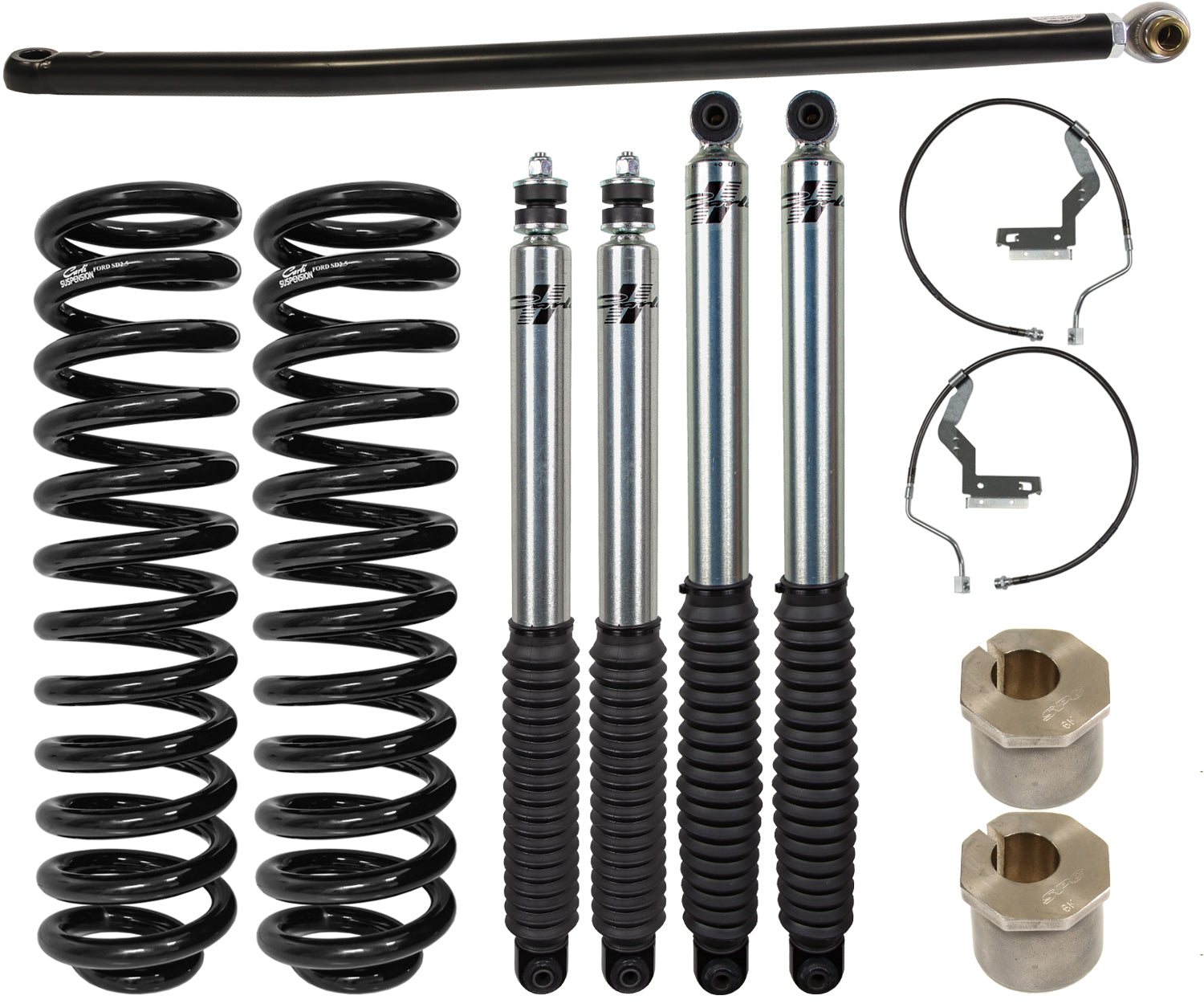 The Carli Suspension 05-07 Ford F-250/F-350 (4WD) Diesel 2.5" Lift Starter System set features two black coil springs, four silver shock absorbers, two metal brackets with wires, a long metal bar, and two beige bushings displayed on a white background.