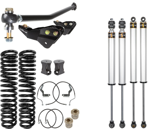 Displayed is a Carli Suspension 17-22 Ford F-250/F-350 (4WD) Diesel 4.5"/5.5" Commuter System, showcasing four shock absorbers, two coil springs, brackets, and an assortment of mounting hardware components against a pristine white background.