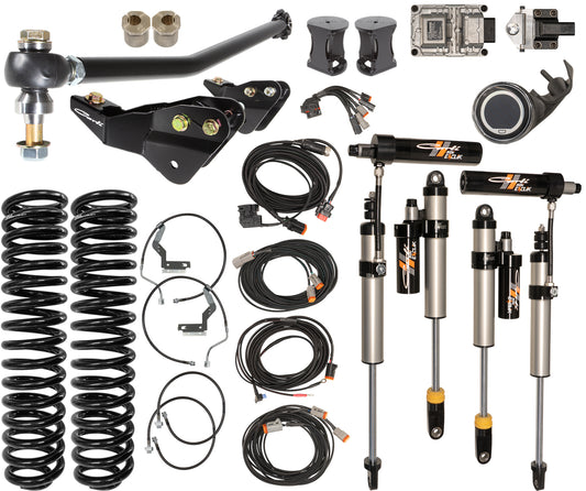 A variety of vehicle suspension components, showcased as the Carli Suspension 17-22 Ford F-250/F-350 (4WD) Diesel 4.5"/5.5" Lift E-Venture System, encompasses coil springs, shock absorbers, cables, brackets, and connectors displayed against a white background.