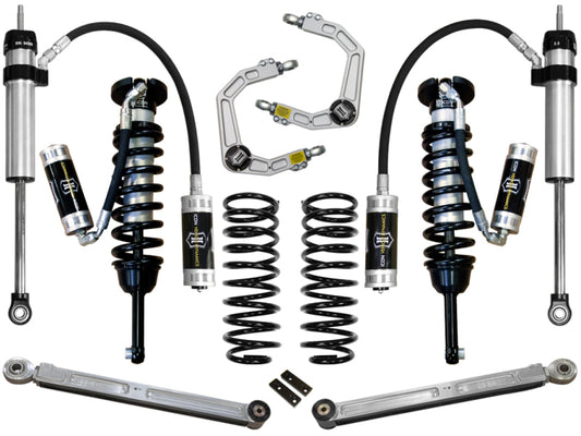 The ICON 2010+ Toyota FJ/4Runner 0-3.5in Stage 5 Suspension System w/Billet UCA, featuring shock absorbers, coil springs, and suspension components like Delta Joints and upper control arms from the brand ICON, is displayed symmetrically on a white background. These car suspension parts boast corrosion-resistant materials that improve their durability and performance.