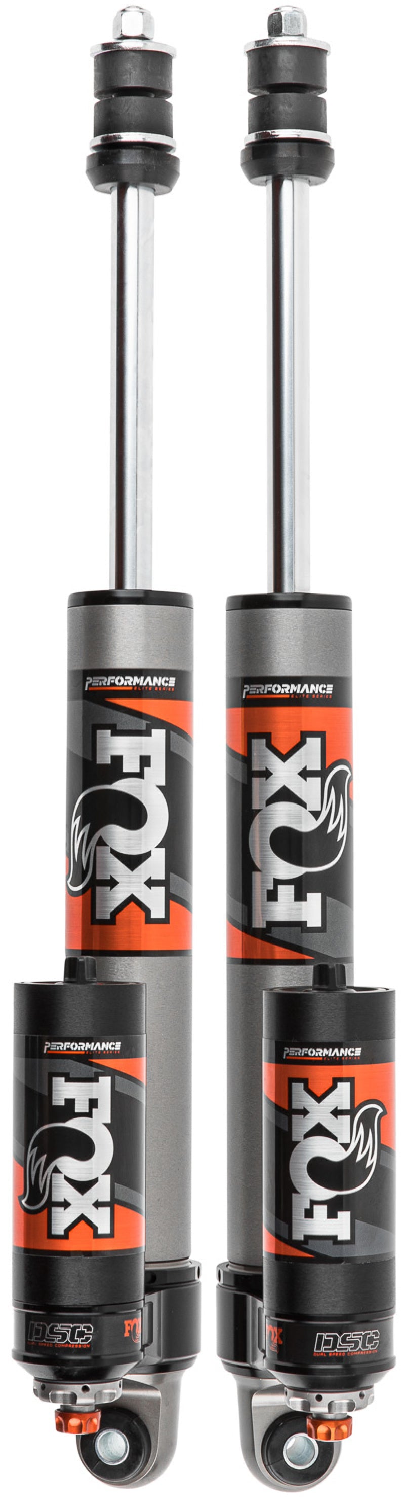 A set of four vertically aligned FOX 14-22 Ram 2500 4WD 0-1.5in Lift Rear Performance Elite Series 2.5 Reservoir Shocks in gray and orange are ideal for off-road vehicles, featuring prominently labeled branding and compression reservoirs that highlight their durable build and impressive adjustability.