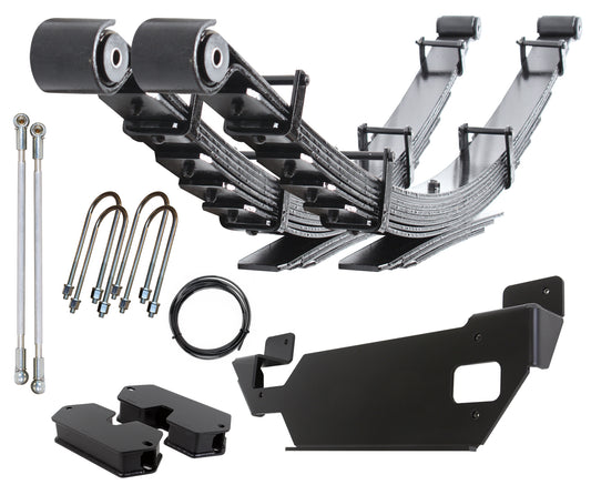 A suspension lifting package featuring the Carli Suspension 16-18 Ram 3500 (4WD - Air) Diesel Alas Full Progressive Leaf Spring Kit, including black leaf springs, U-bolts, control arms, and other metal components carefully displayed on a white background.