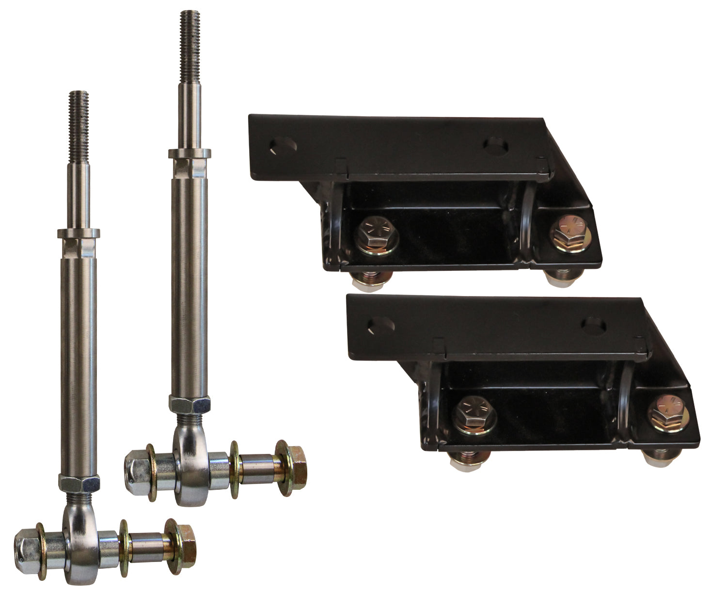 A set of 10mm Adjustable Stainless End Links and Brackets by Carli Suspension for a 6-inch lift on the 03-12 Dodge Ram 2500 and 03-13 Ram 3500 (4WD), designed to improve sway bar geometry. The set includes two adjustable rod ends with threaded extensions and black mounting brackets, all presented against a white background.