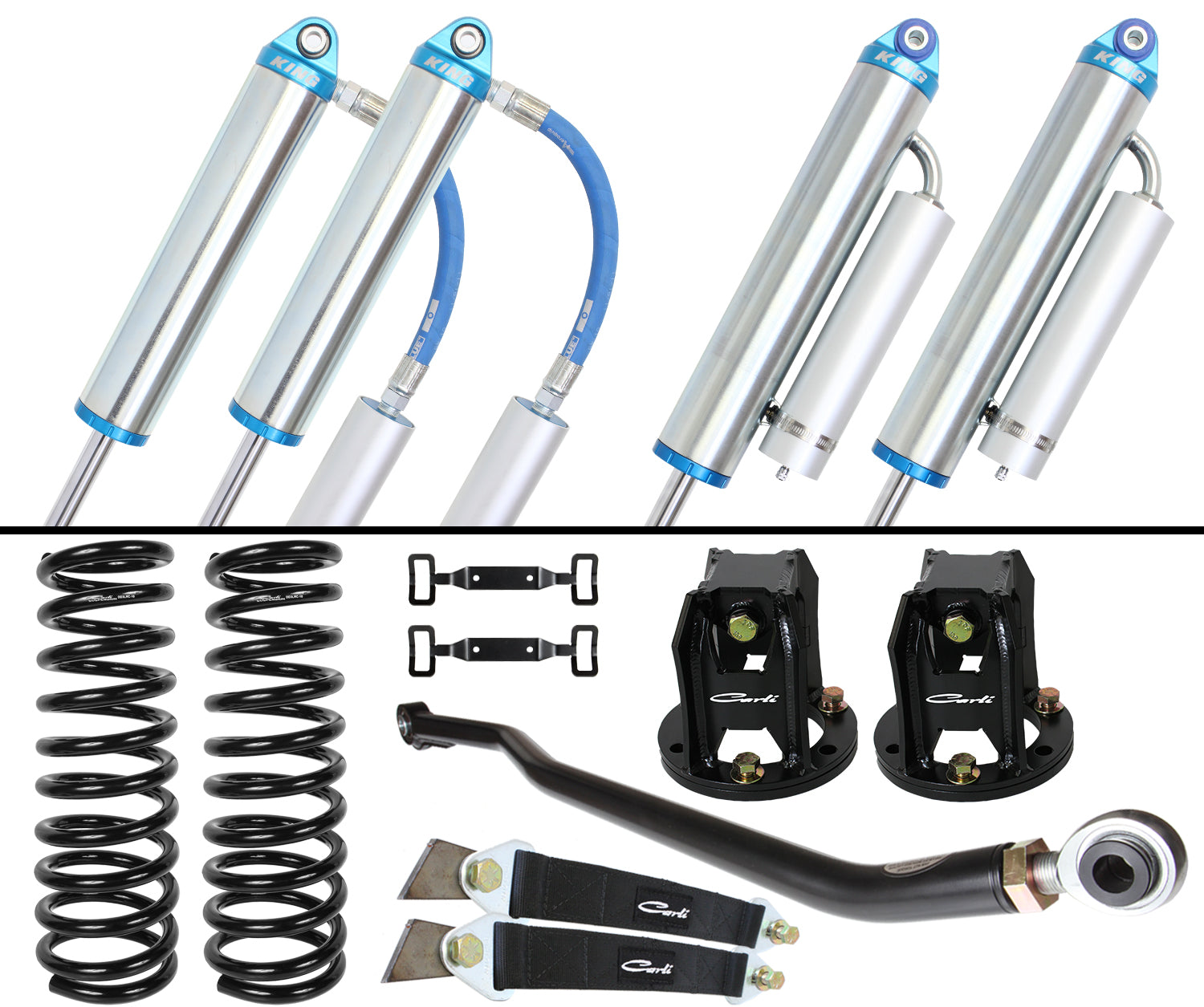 Image of a Carli Suspension 10-13 Dodge, Ram 2500/3500 (4WD) DIESEL 3.0" LIFT DOMINATOR SYSTEM showcasing coil springs, shock absorbers with blue accents, mounting brackets, and King 3.0 shocks. This kit is designed for vehicle suspension upgrades.