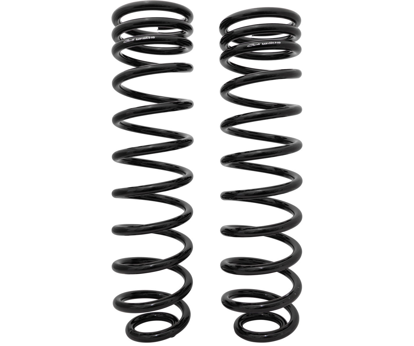 Two identical black coil springs stand upright side by side against a white background, showcasing a helical design with evenly spaced loops. These Carli Suspension 0.5" LIFT REAR COIL SPRINGS are perfect for an HD +500lbs constant load, commonly used in rear lift kits for 09-18 Dodge, Ram 1500 automotive suspension systems.