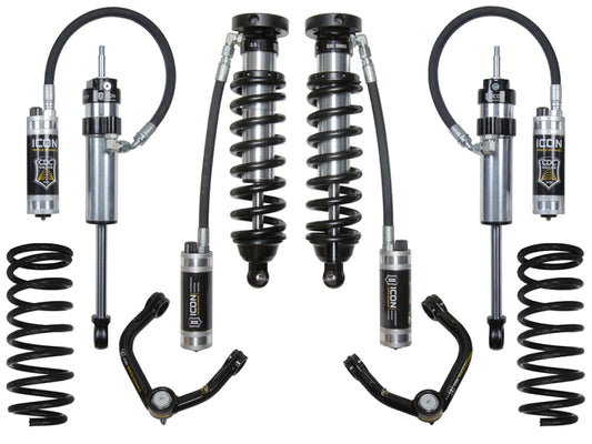 The ICON 96-02 Toyota 4Runner 0-3in Stage 5 Suspension System from ICON consists of four components: Delta Joint upper control arms with corrosion resistance, a pair of coilover shock absorbers featuring remote reservoirs, and two additional springs, all displayed symmetrically on a white background.