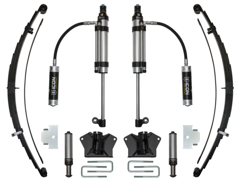 The ICON 2007+ Toyota Tundra RXT Stage 3 System presents a comprehensive suspension setup, including ICON multi-rate leaf springs, two shock absorbers with hoses, mounting brackets, smaller components, and U-bolts, all meticulously arranged against a white background.