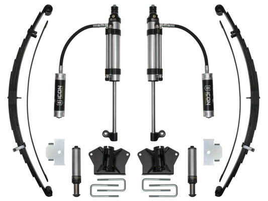 The ICON 2007+ Toyota Tundra RXT Stage 3 System presents a comprehensive suspension setup, including ICON multi-rate leaf springs, two shock absorbers with hoses, mounting brackets, smaller components, and U-bolts, all meticulously arranged against a white background.