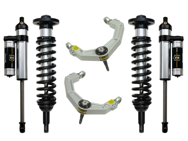 The ICON 09-13 Ford F-150 4WD 0-2.63in Stage 3 Suspension System w/Billet UCA by ICON consists of a set of vehicle suspension components. It features two coilover shocks with springs and Delta Joint technology to enhance corrosion resistance, along with two adjustable strut rods and additional mounting hardware, all arranged symmetrically on a white background.