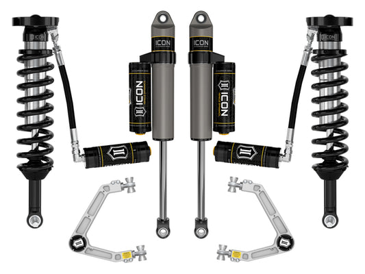 The image displays the ICON 2023 Chevrolet Colorado Stage 4 Suspension System, featuring ICON coilovers with black springs, shocks with hoses and cylindrical reservoirs, and Billet UCA upper control arms for advanced suspension articulation.