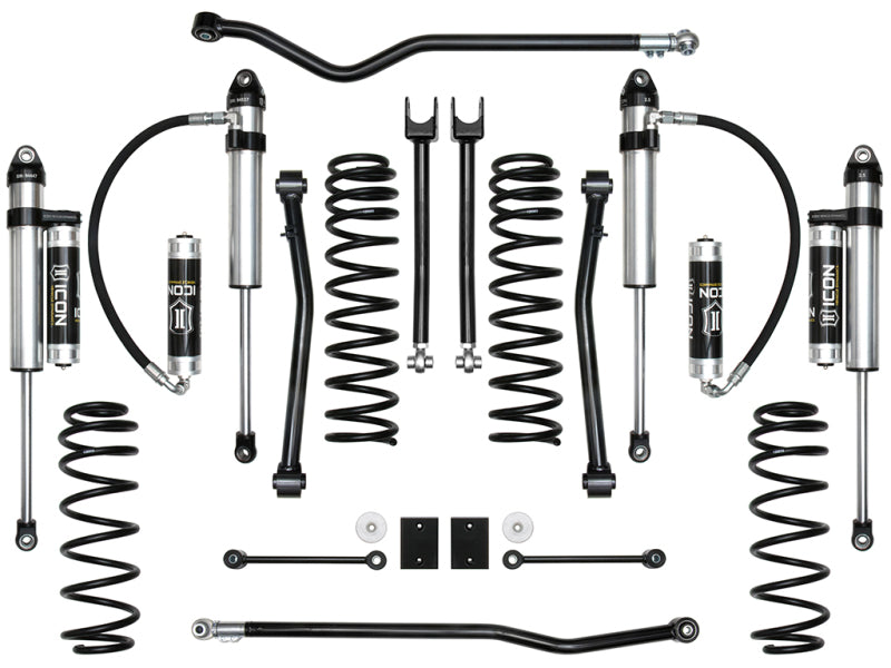 Introducing the ICON 2018+ Jeep Wrangler JL 2.5in Stage 6 Suspension System, a symmetrically arranged set of vehicle suspension components. This performance upgrade includes coil springs, shock absorbers, and various other metal parts specifically designed for off-road use. With a sleek silver and black color scheme, this system exemplifies holistic engineering tailored for rugged terrain.