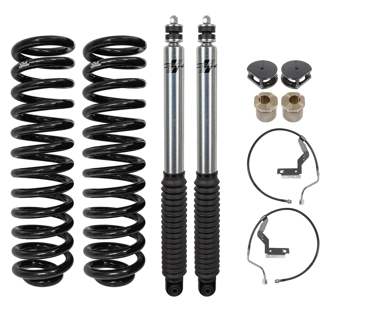 The Carli Suspension 17-22 Ford F-250/F-350 (6.2, 7.3 - 4WD) GAS 2.0"/3.0" Lift Leveling System includes two black coil springs, silver shock absorbers with black rubber guards, cylindrical mounts, and wire sets with brackets, all elegantly arranged on a white background.