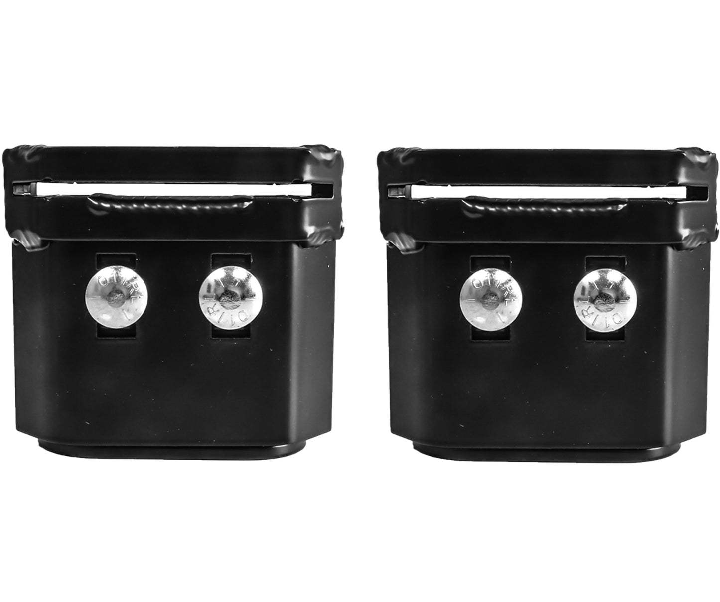 Inspired by the rugged elegance of a Carli Suspension product, two black, rectangular belt buckles with round silver studs and textured detailing on top reflect the design ethos of the 03-23 Dodge RAM 2500/3500 (4WD) Front Bump Drop with a 6" Lift.