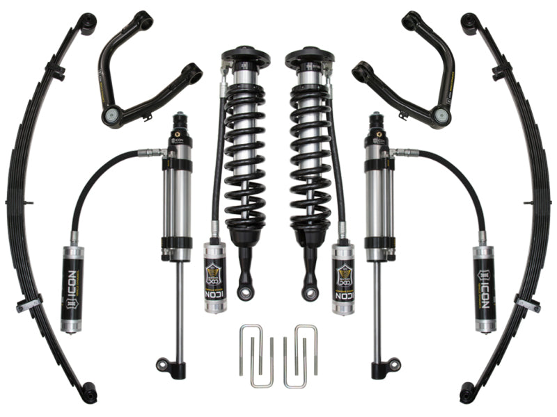 A set of black and metallic ICON suspension components, featuring the ICON 2007+ Toyota Tundra 1-3in Stage 10 Suspension System with Tubular Upper Control Arms, displayed symmetrically on a white background.